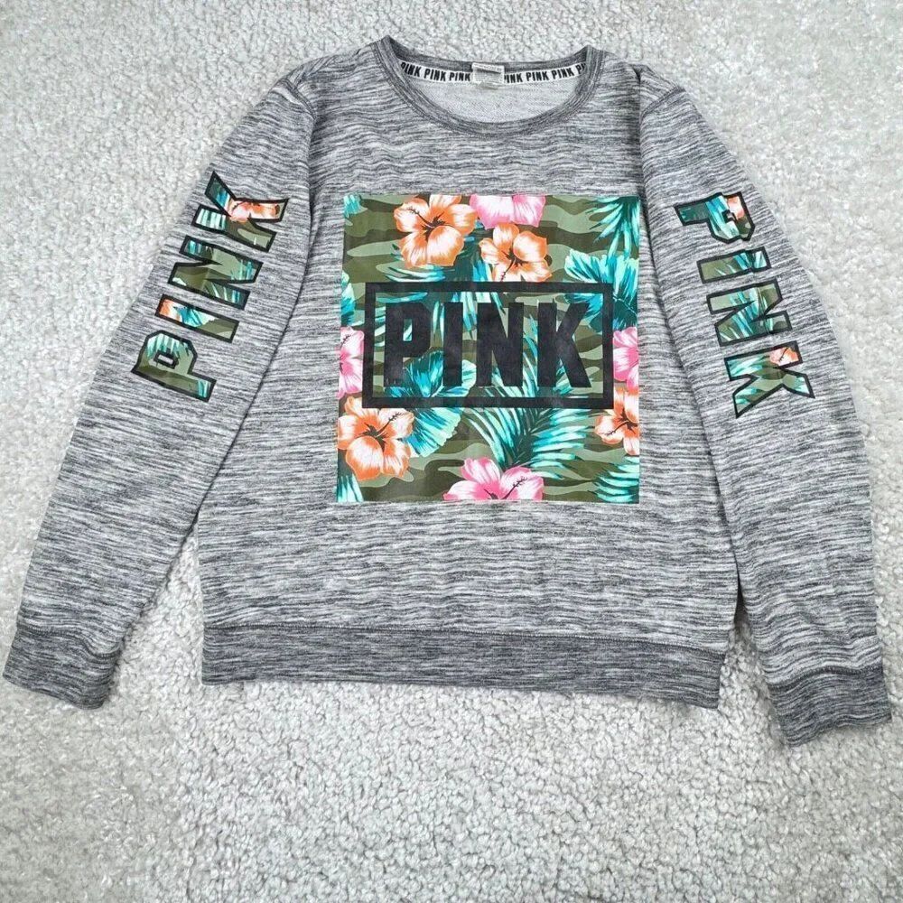 Victoria's Secret Pink Tropical Hibiscus Logo Sweatshirt Gray